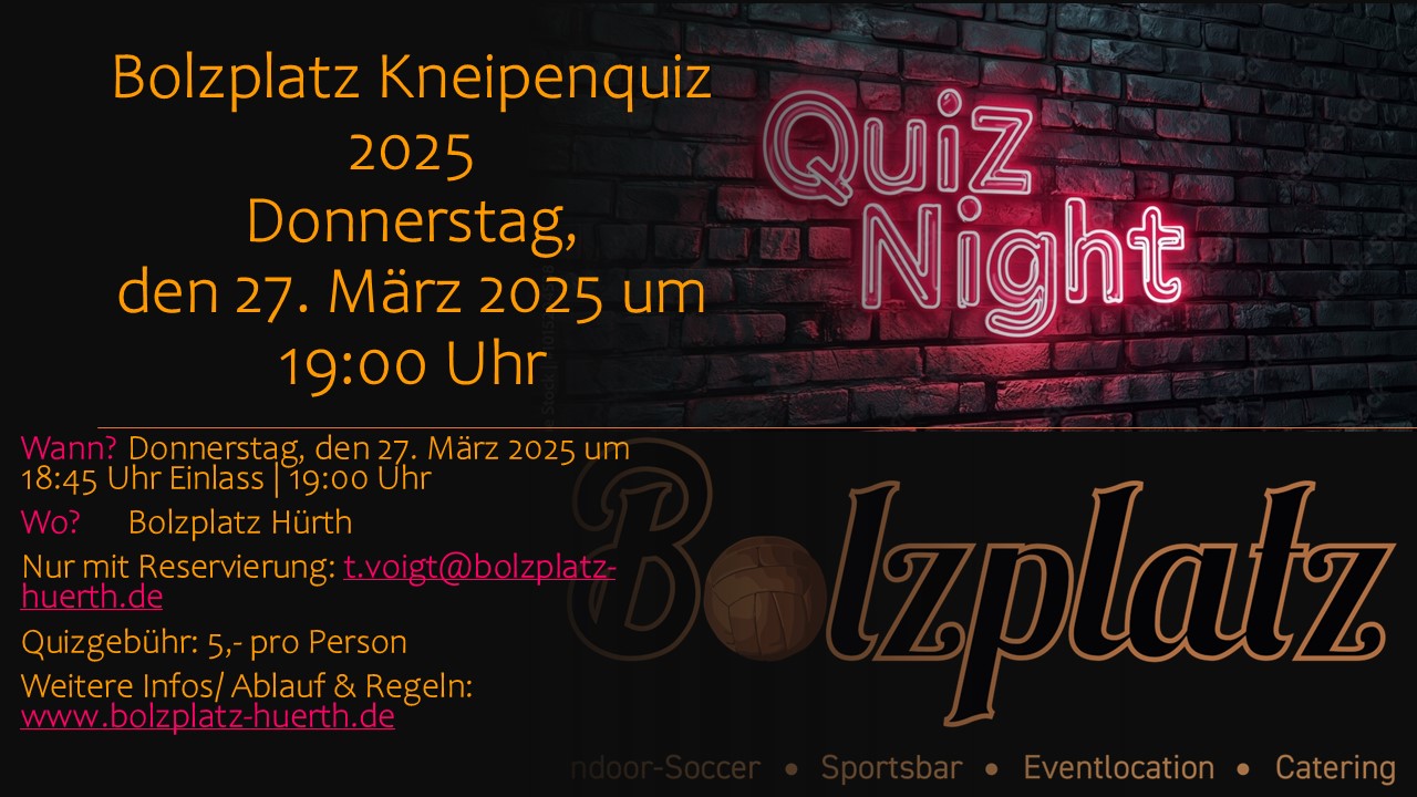 Bolzplatz Kneipenquiz Ankündigung für den 27. März 2025, 19:00 Uhr. Neon-Schrift "Quiz Night".