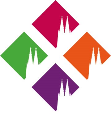 Vier bunte Rauten mit stilisierten weißen Kirchtürmen heben sich voneinander ab