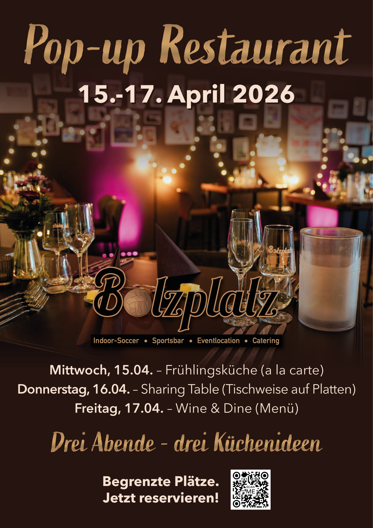 Stimmungsvolles Pop up Restaurant mit festlich gedeckten Tischen und Kerzenlicht