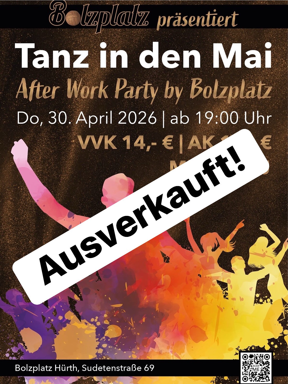 Plakat mit tanzenden bunten Silhouetten und großem Ausverkauft Schriftzug