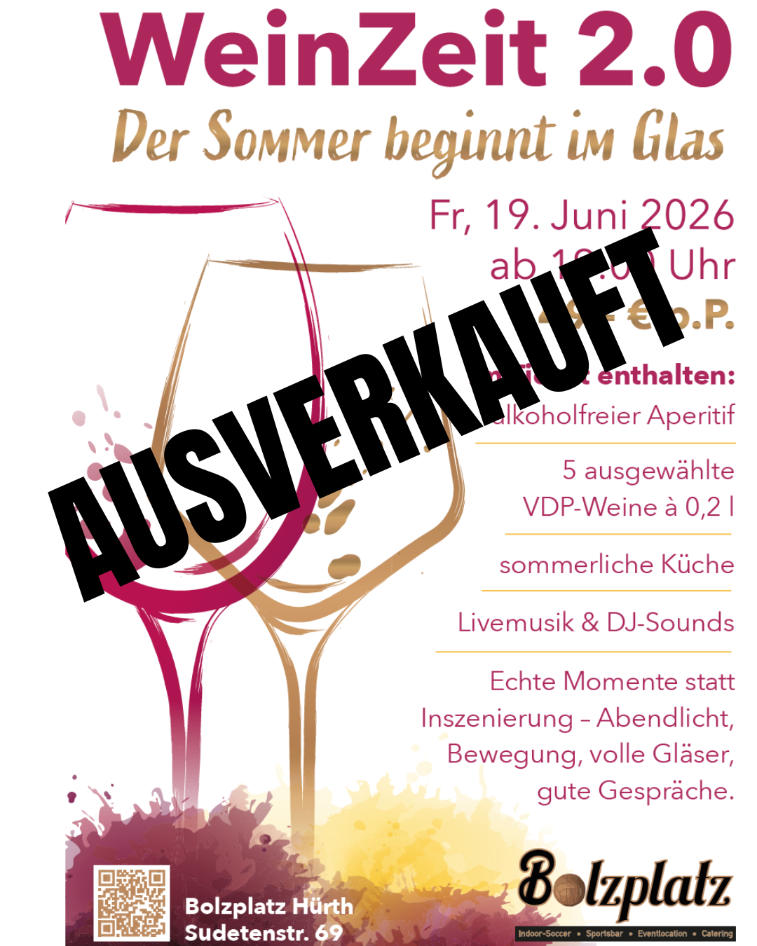 Zwei stilisierte Weingläser mit fröhlicher Stimmung und auffälligem Ausverkauft-Schriftzug