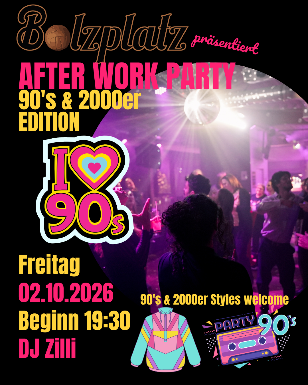 Eine tanzende Gruppe unter bunten Lichtern, festliche Stimmung, Retro-Outfits, DJ am Mischpult