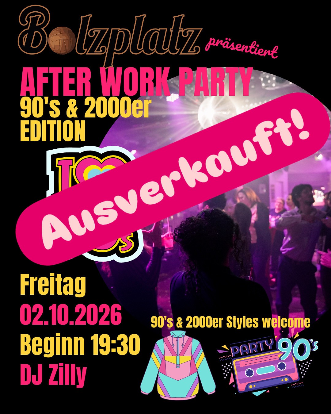 Person als Silhouette, fröhliche Party, pinkes Ausverkauft Banner, bunt