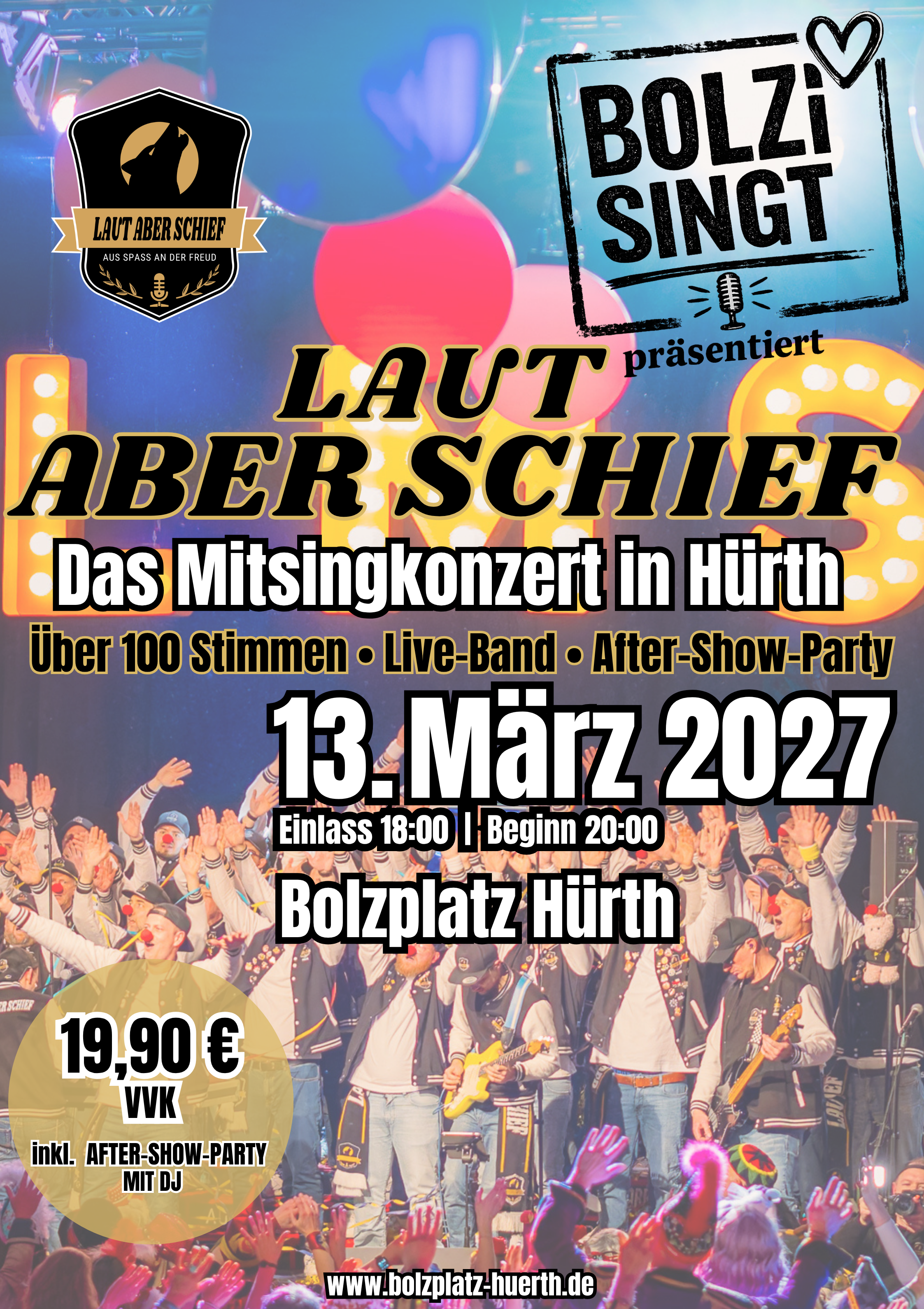 Fröhliche Menge vor bunter Bühne, Poster in Gelb Schwarz mit Datum und Ort