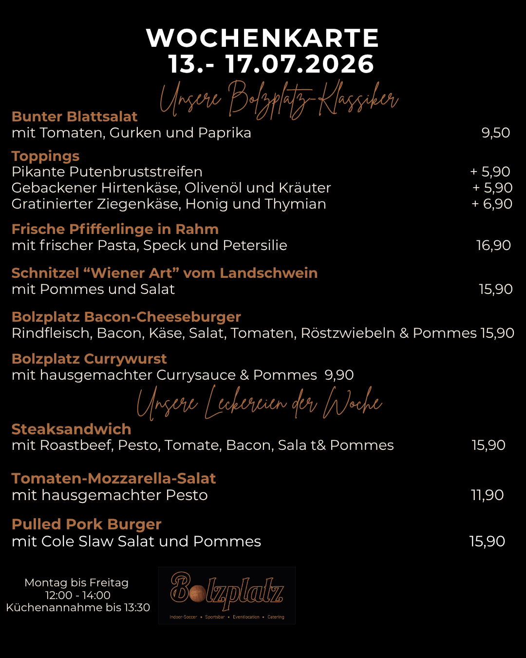 Schwarze Wochenkarte mit goldweißer Schrift und farbigen Gerichtsnamen