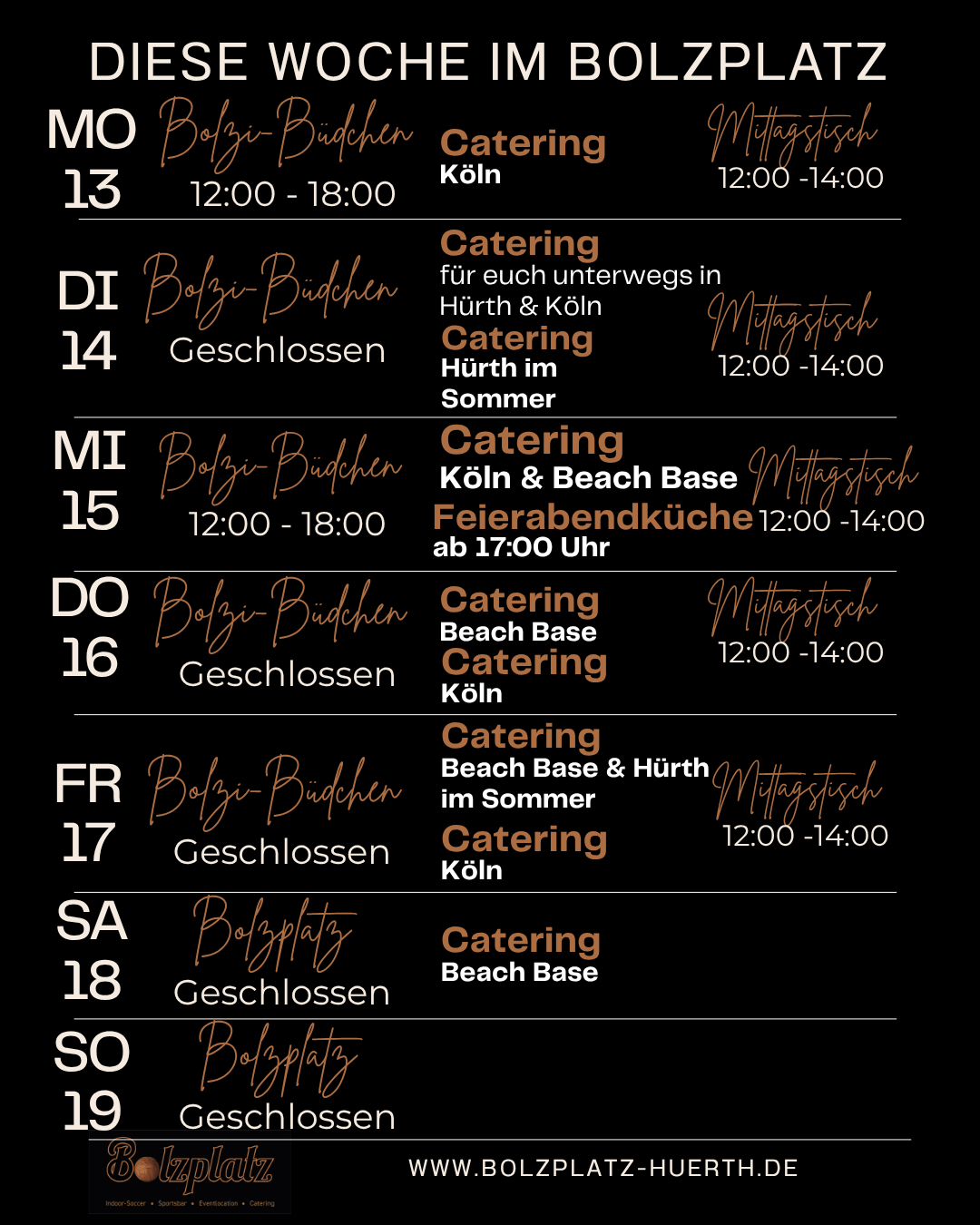Schwarzer Wochenplan mit orangeweißer Schrift zu Catering Terminen und Zeiten